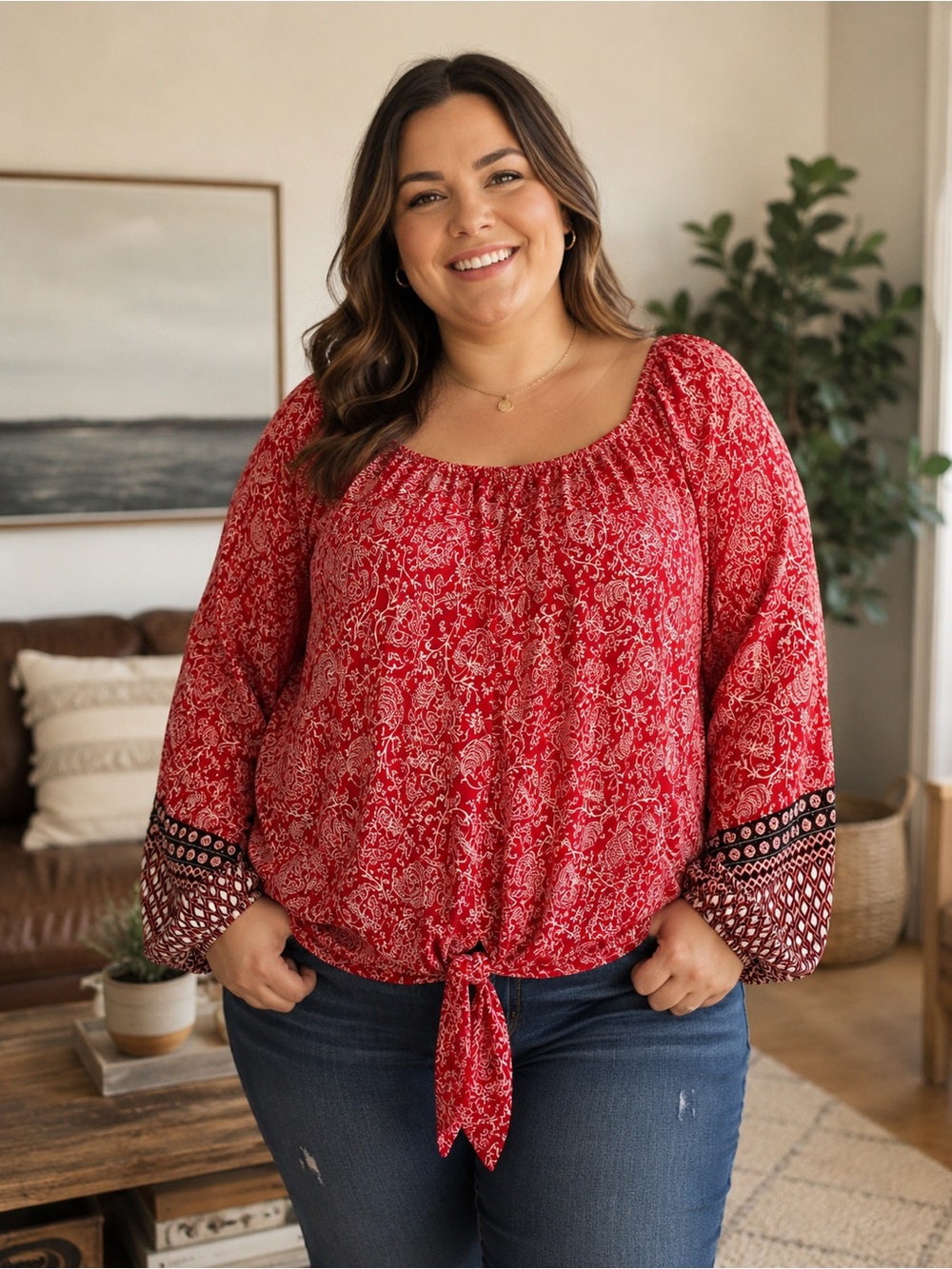 🌸 George Plus Red Paisley Tie-Front Peasant Blouse